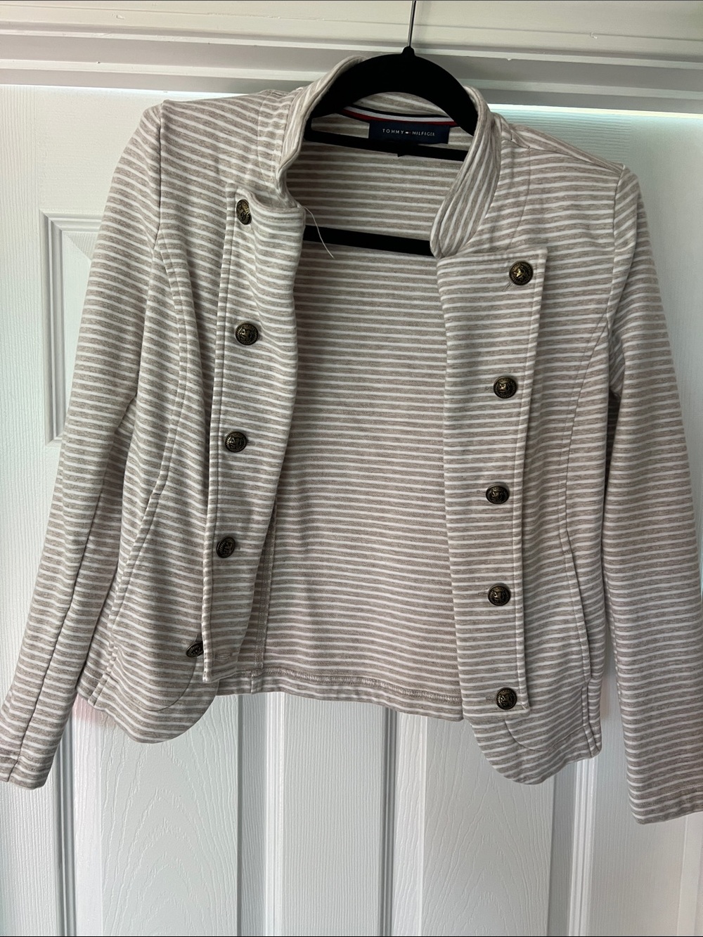 Tommy Hilfiger Women's Tan and White Striped Military-Button Jacket